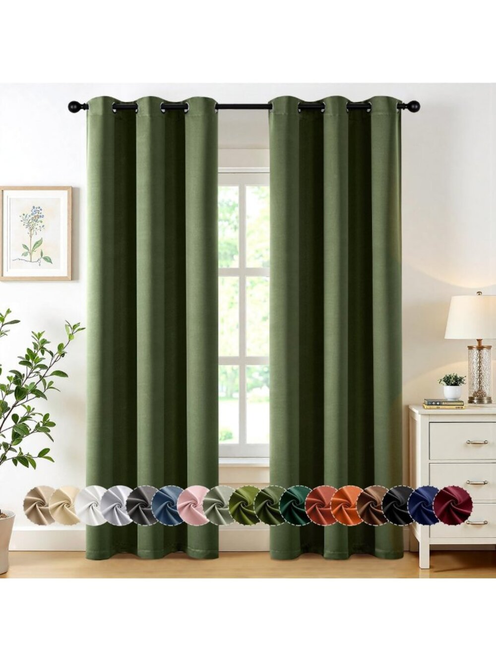 Olive Green Blackout Curtains for Bedroom - 2 Panels, 40x84 Inch Long, Energy